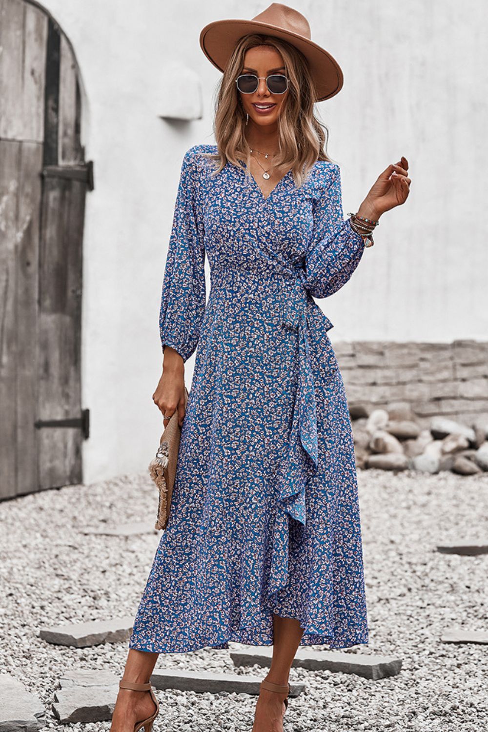 Floral Surplice Neck Long Sleeve Dress-TOPS / DRESSES-[Adult]-[Female]-2022 Online Blue Zone Planet