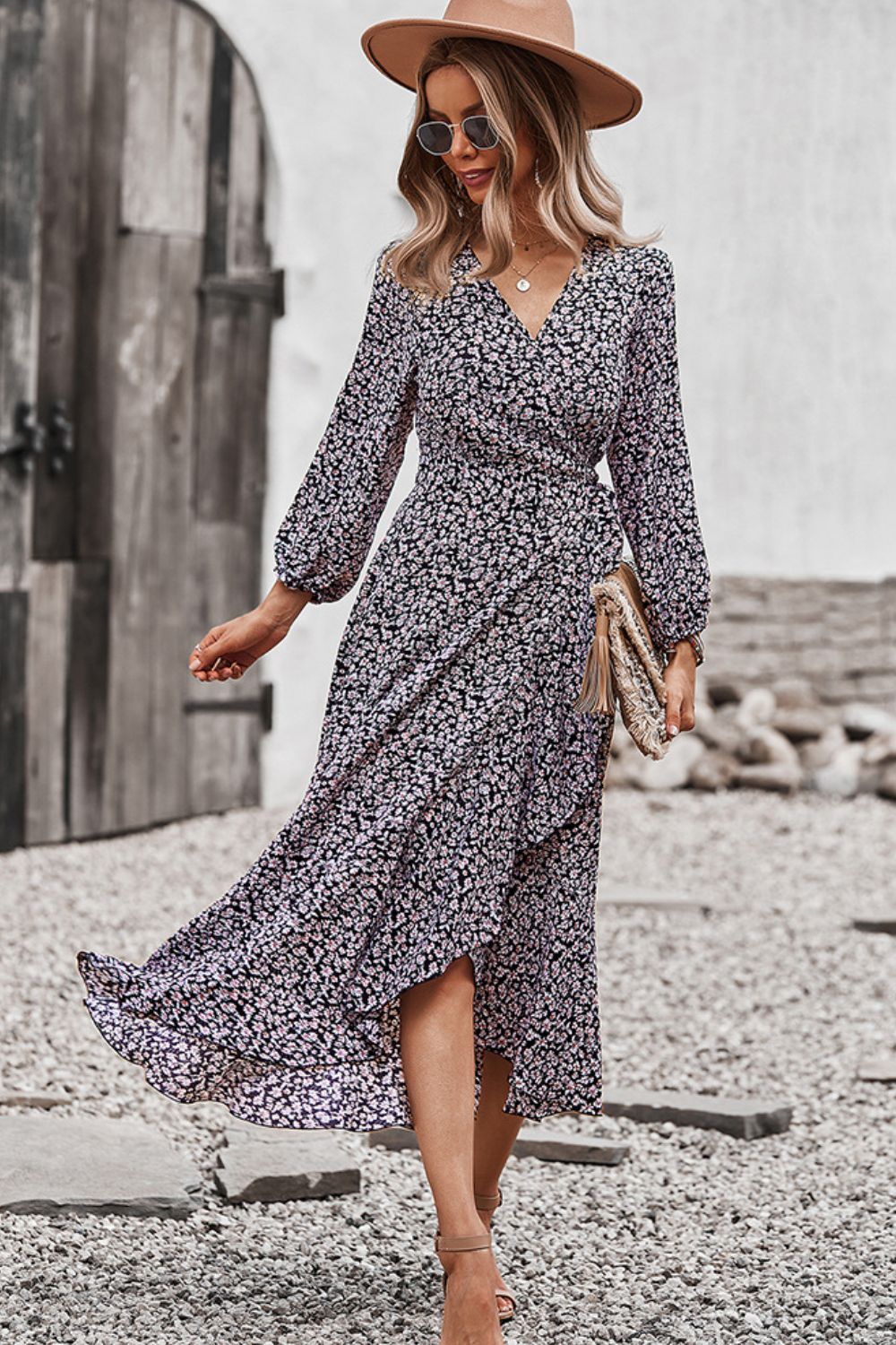 Floral Surplice Neck Long Sleeve Dress-TOPS / DRESSES-[Adult]-[Female]-2022 Online Blue Zone Planet