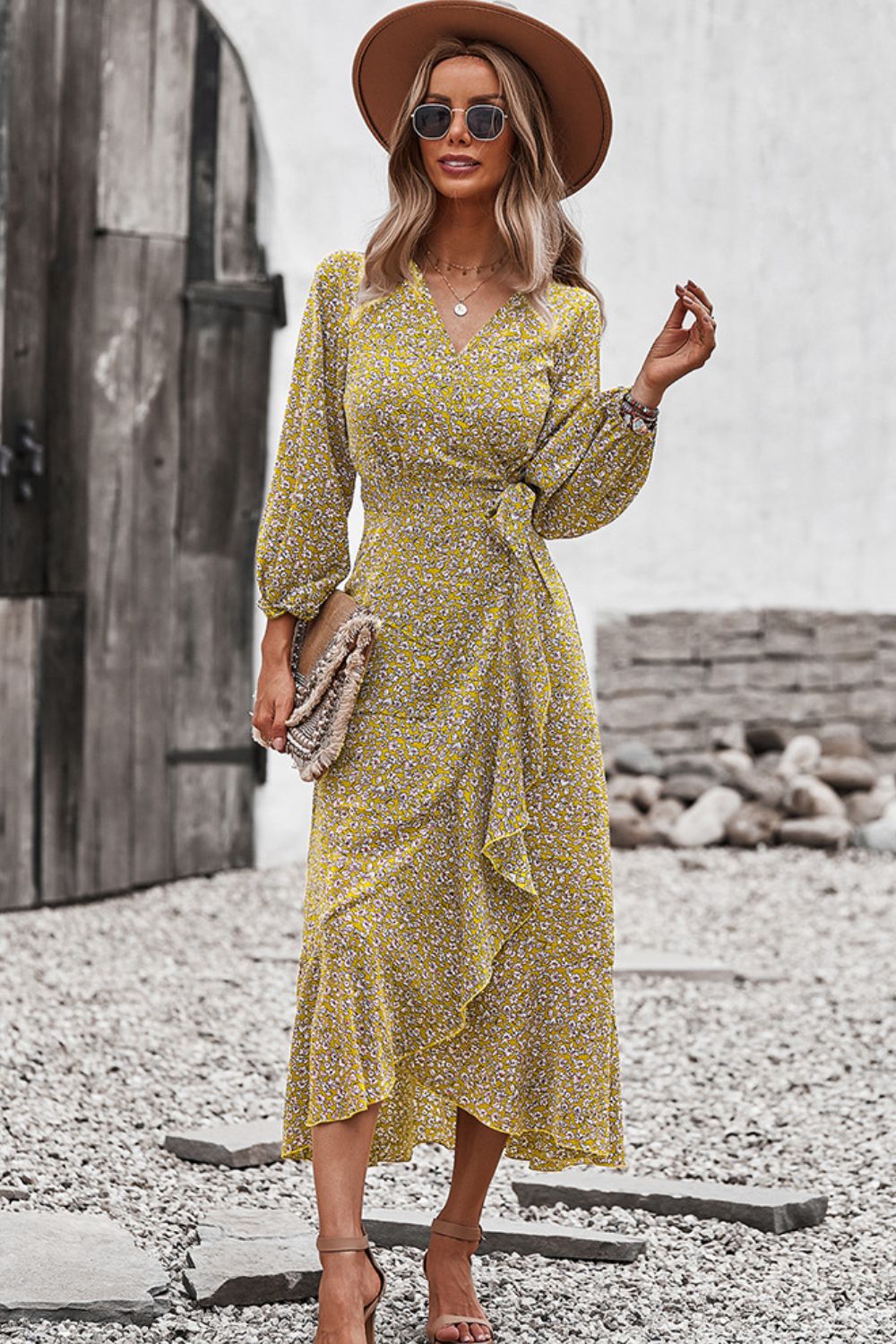 Floral Surplice Neck Long Sleeve Dress-TOPS / DRESSES-[Adult]-[Female]-2022 Online Blue Zone Planet