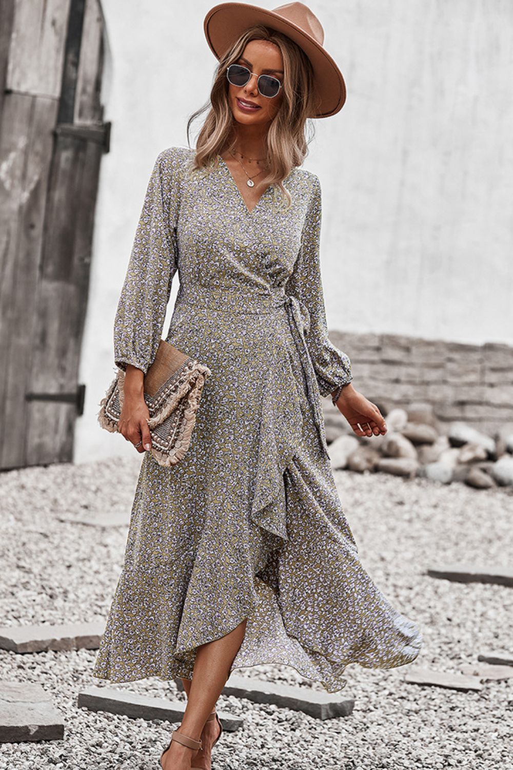 Floral Surplice Neck Long Sleeve Dress-TOPS / DRESSES-[Adult]-[Female]-2022 Online Blue Zone Planet