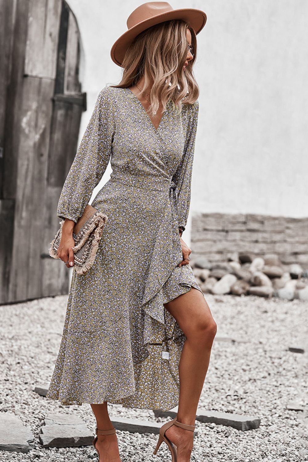 Floral Surplice Neck Long Sleeve Dress-TOPS / DRESSES-[Adult]-[Female]-2022 Online Blue Zone Planet