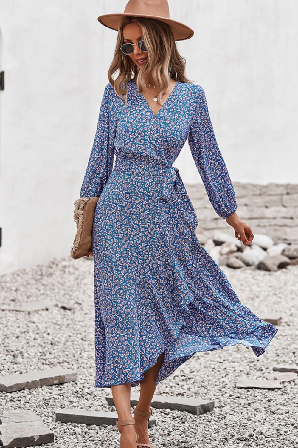 Floral Surplice Neck Long Sleeve Dress-TOPS / DRESSES-[Adult]-[Female]-Sky Blue-S-2022 Online Blue Zone Planet