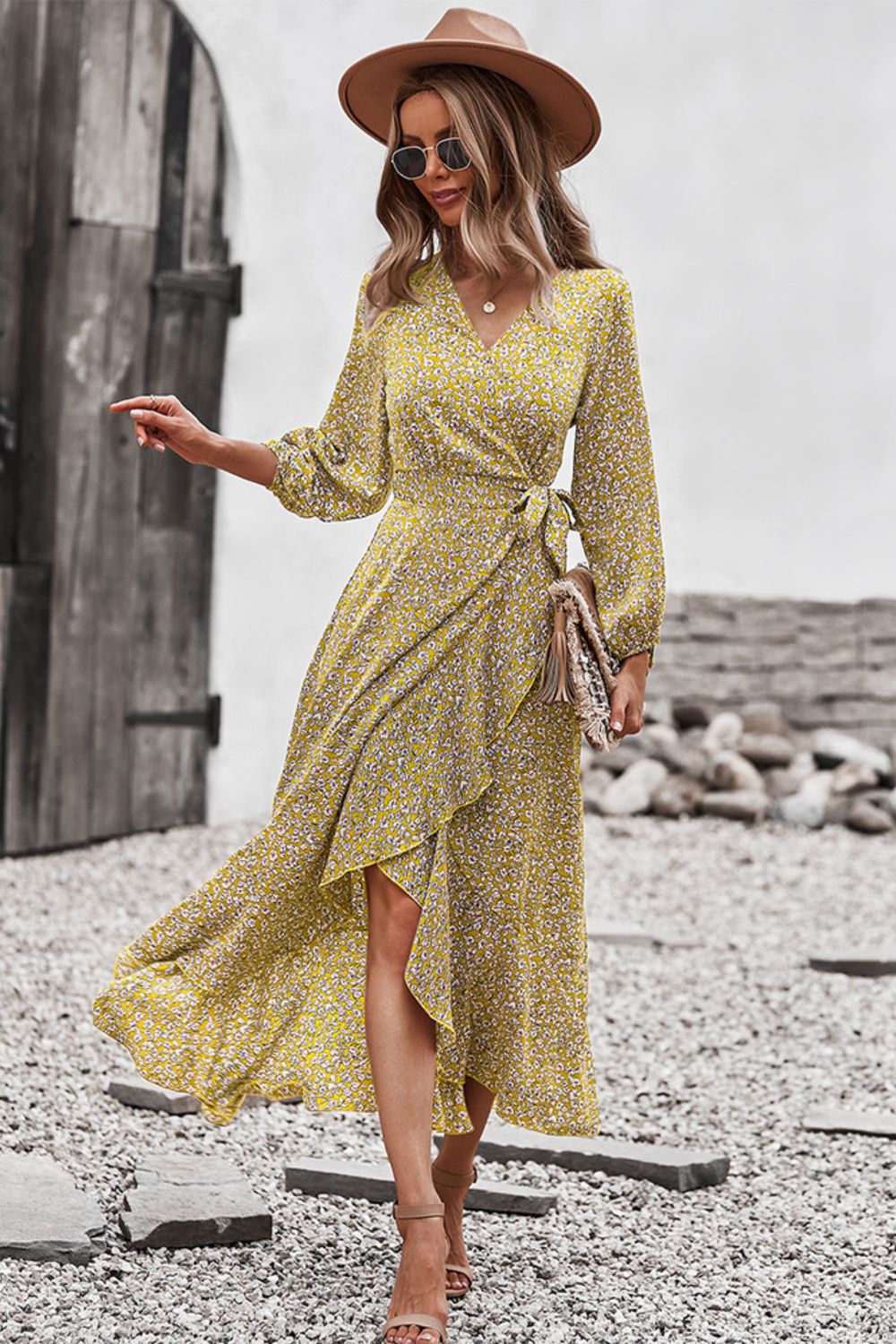 Floral Surplice Neck Long Sleeve Dress-TOPS / DRESSES-[Adult]-[Female]-Straw-S-2022 Online Blue Zone Planet