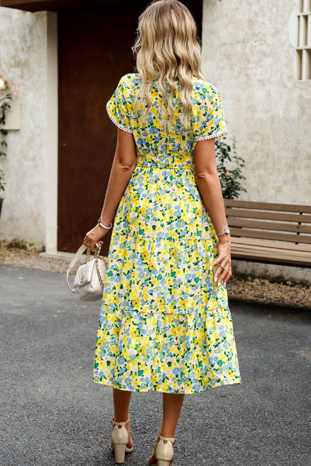 Floral Surplice Neck Tie Waist Slit Dress BLUE ZONE PLANET