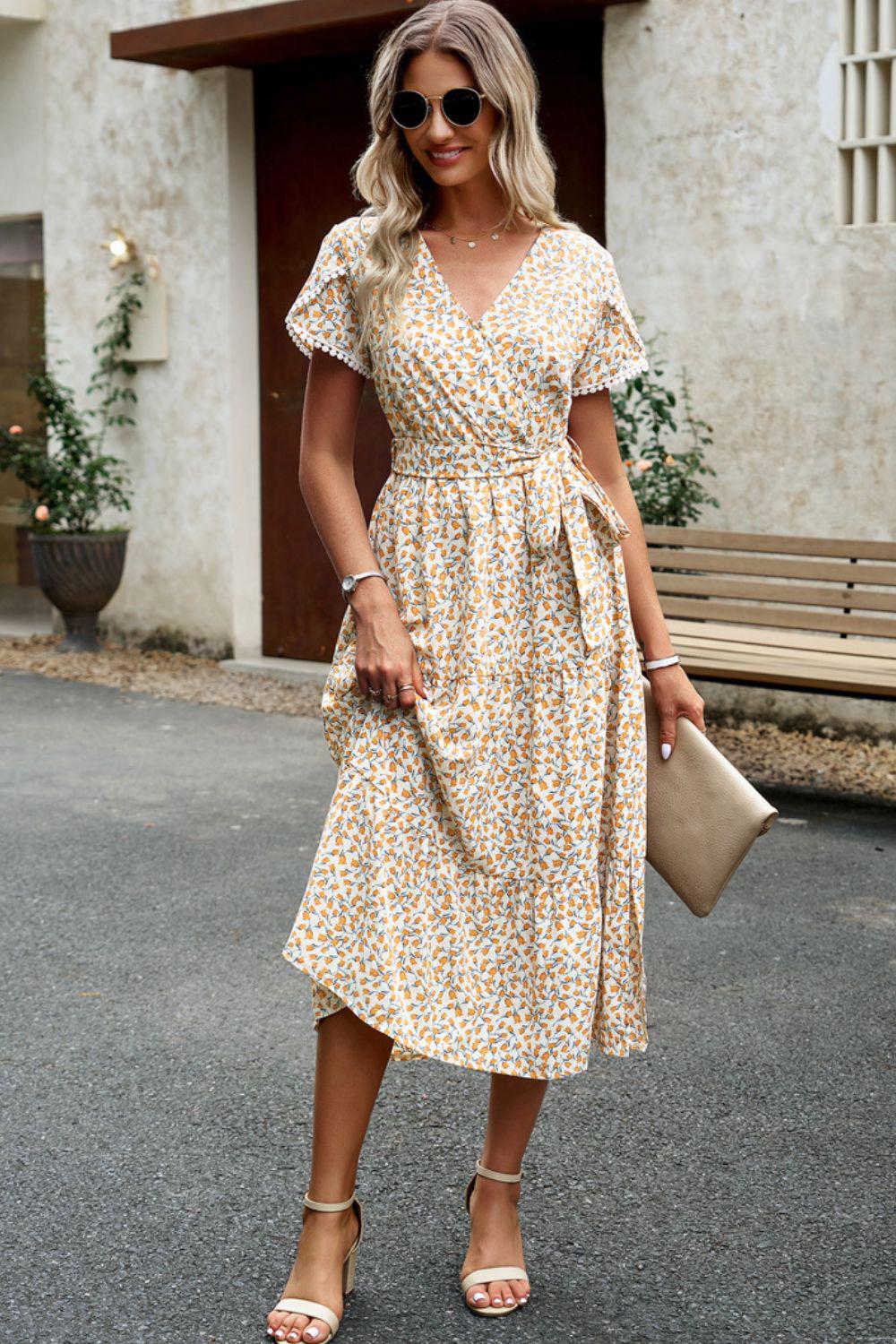 Floral Surplice Neck Tie Waist Slit Dress BLUE ZONE PLANET