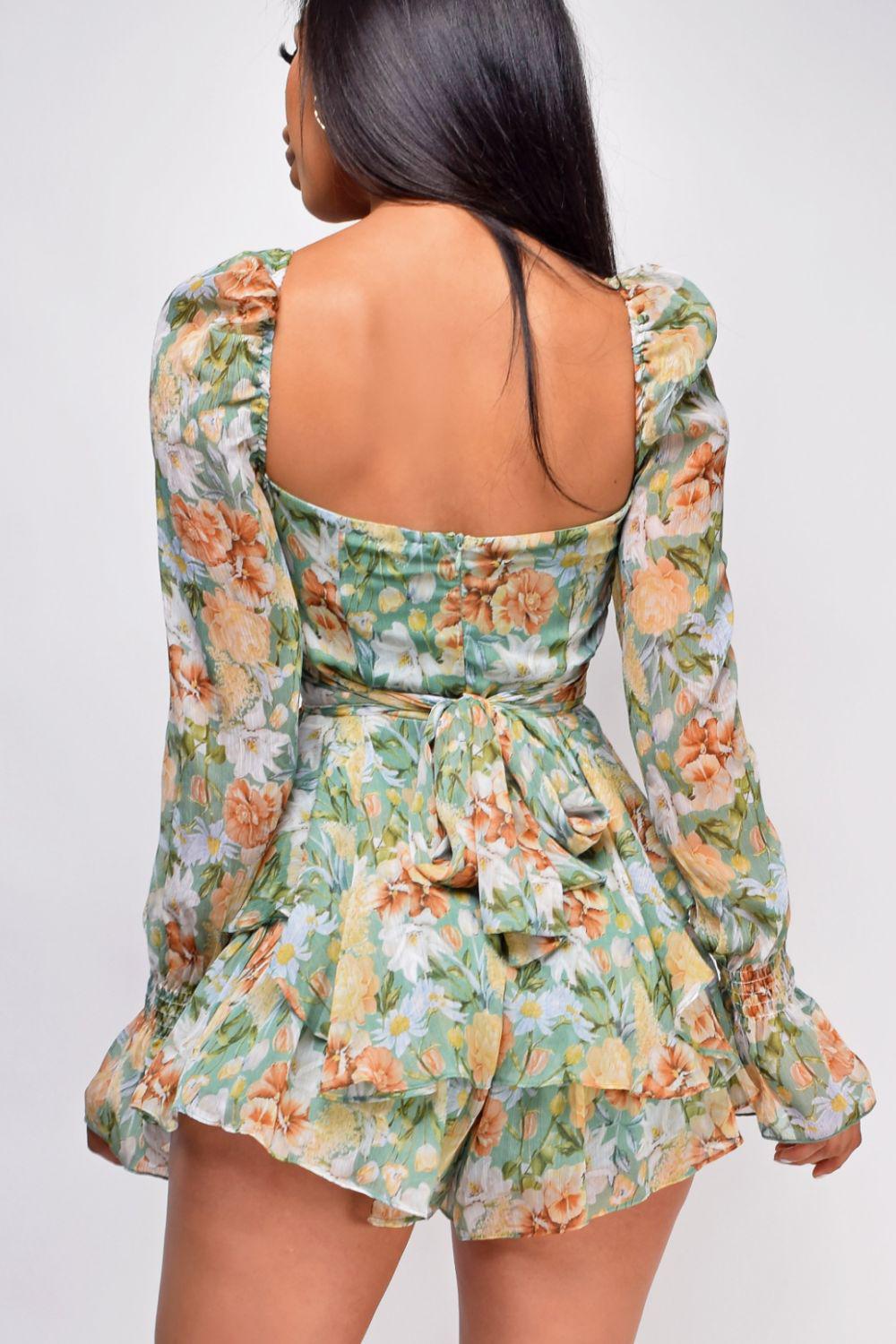 Floral Sweetheart Neck Flounce Sleeve Romper BLUE ZONE PLANET