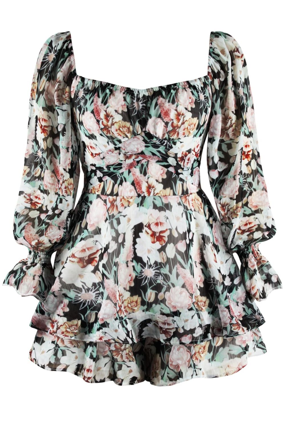 Floral Sweetheart Neck Flounce Sleeve Romper BLUE ZONE PLANET
