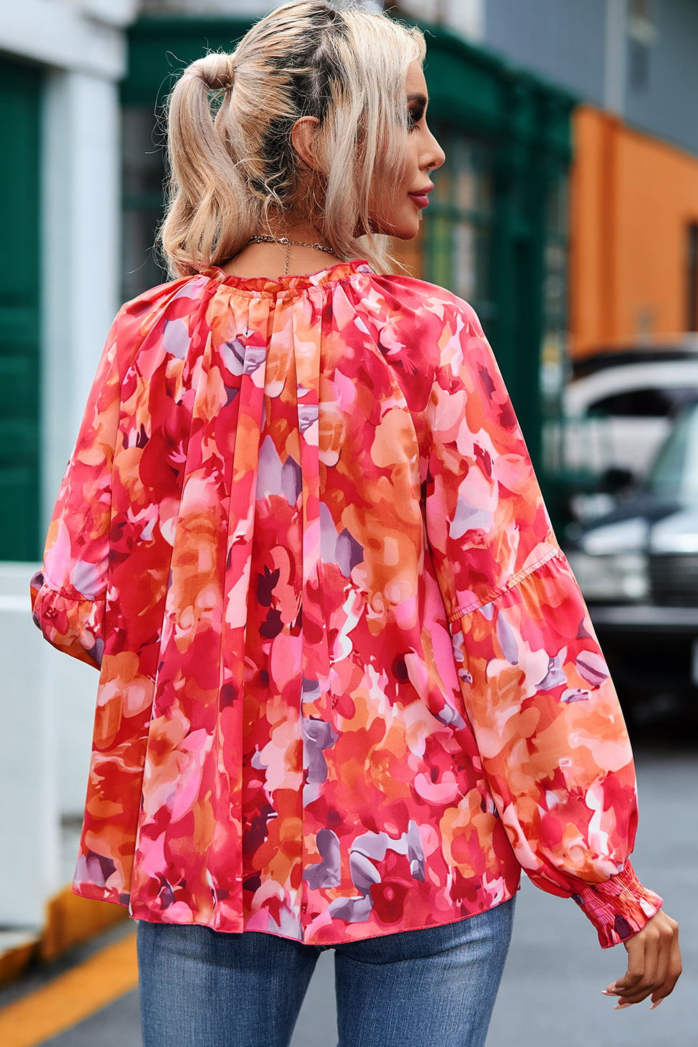 Floral Tassel Tie Long Sleeve Blouse BLUE ZONE PLANET