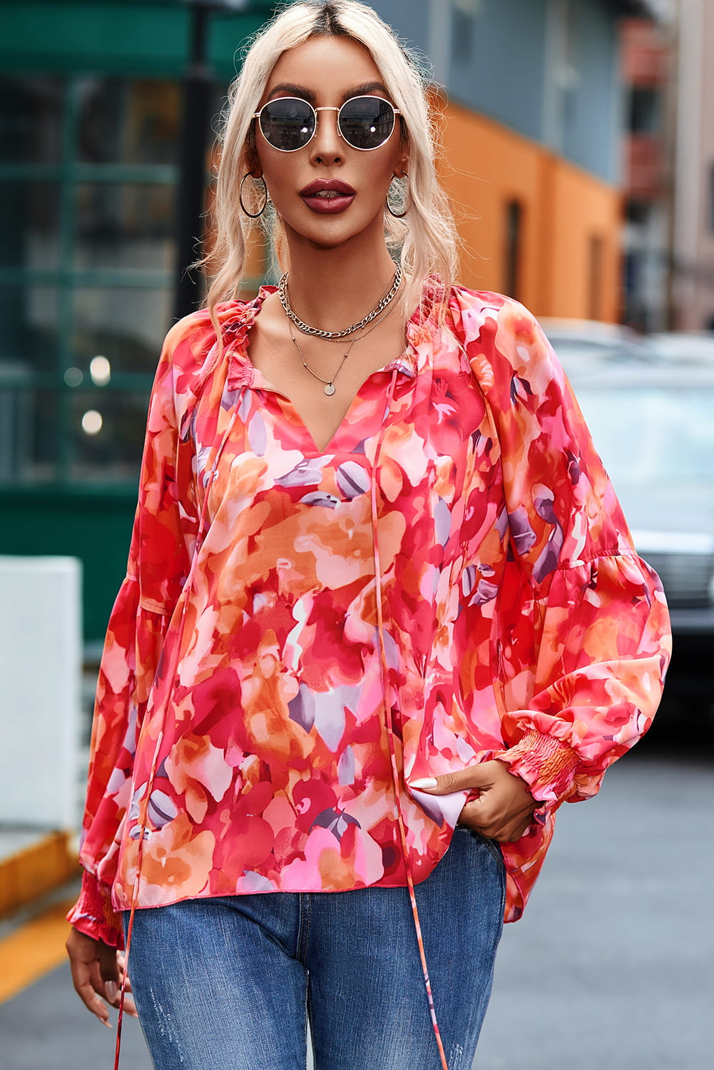 Floral Tassel Tie Long Sleeve Blouse BLUE ZONE PLANET