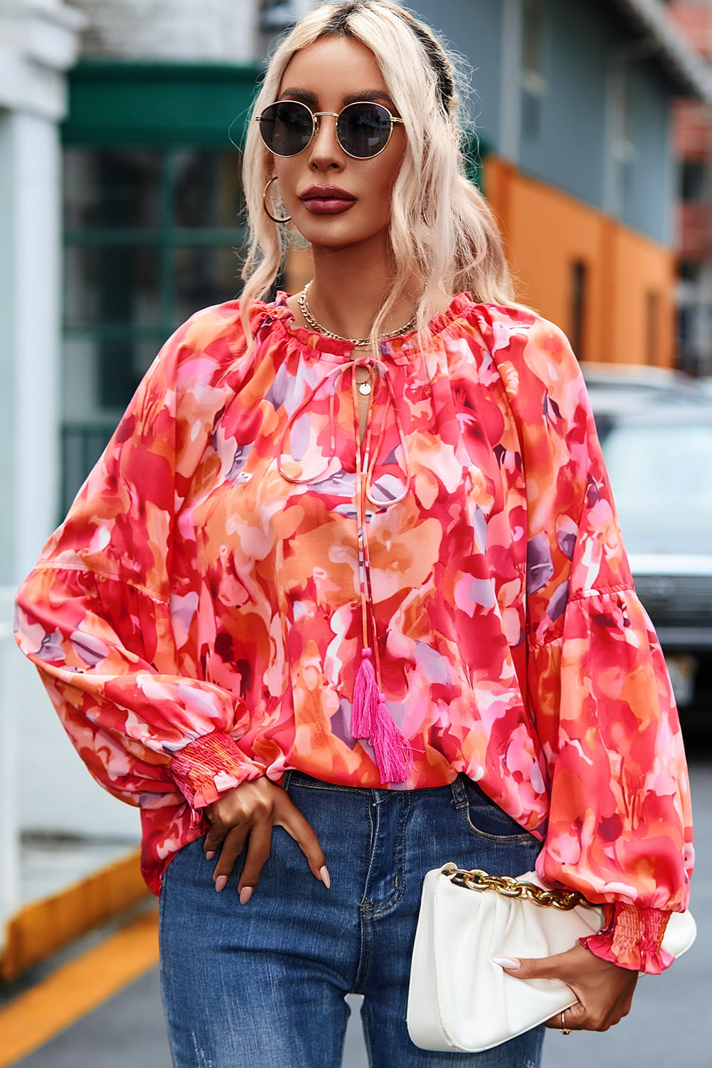 Floral Tassel Tie Long Sleeve Blouse BLUE ZONE PLANET