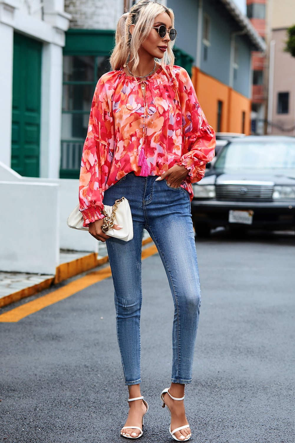 Floral Tassel Tie Long Sleeve Blouse BLUE ZONE PLANET