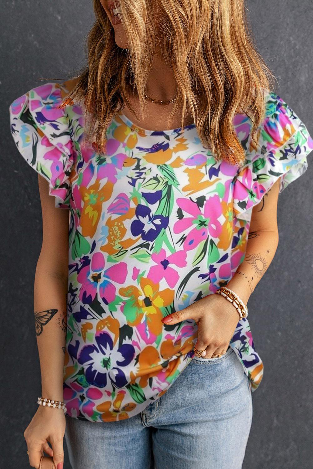 Floral Tie Back Flutter Sleeve Blouse BLUE ZONE PLANET