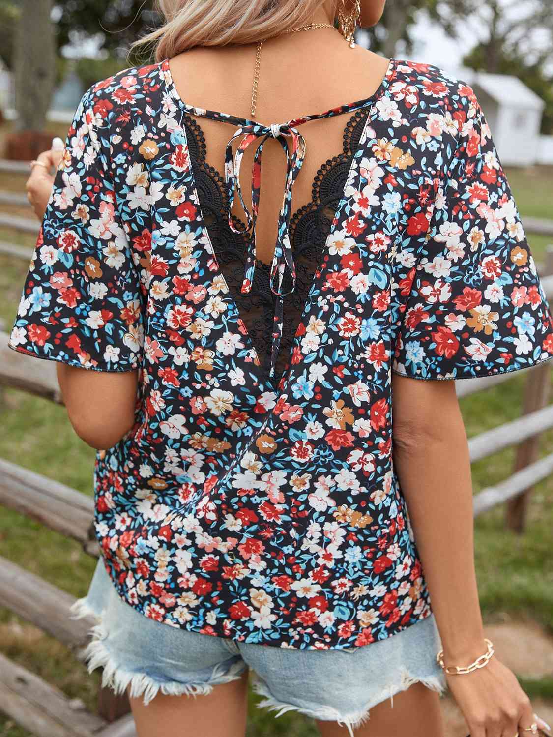 Floral Tie Back Lace Detail Short Sleeve Blouse BLUE ZONE PLANET