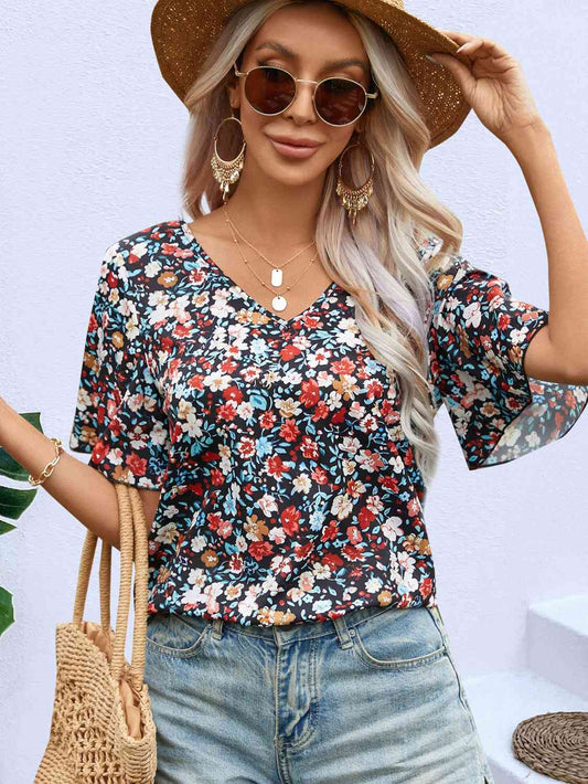 Floral Tie Back Lace Detail Short Sleeve Blouse BLUE ZONE PLANET