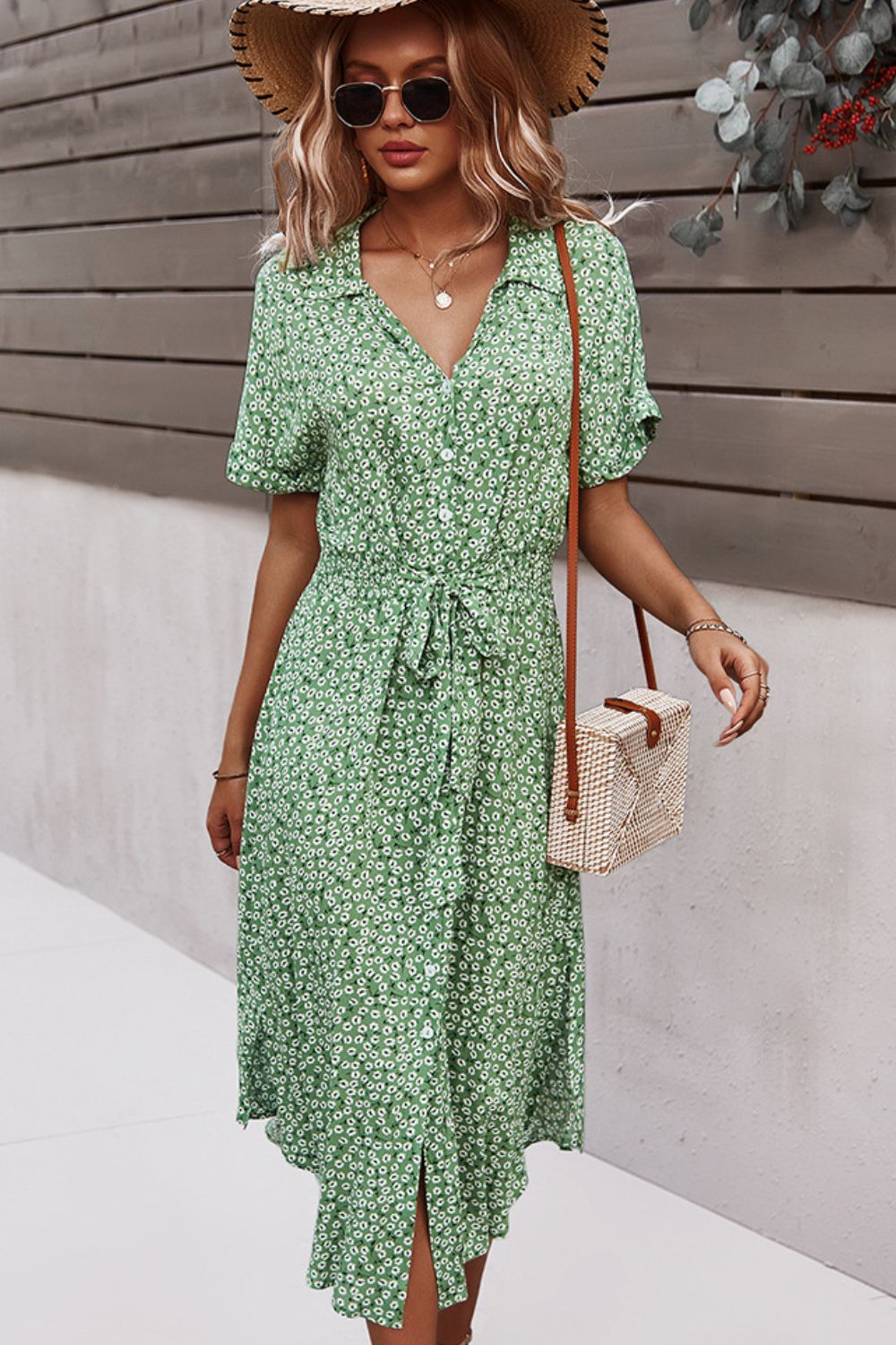 Floral Tie Front Slit Dress BLUE ZONE PLANET