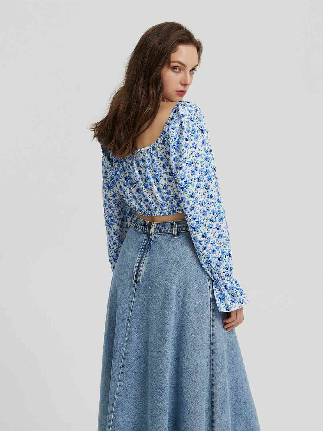 Floral Tie Front Square Neck Flounce Sleeve Blouse BLUE ZONE PLANET