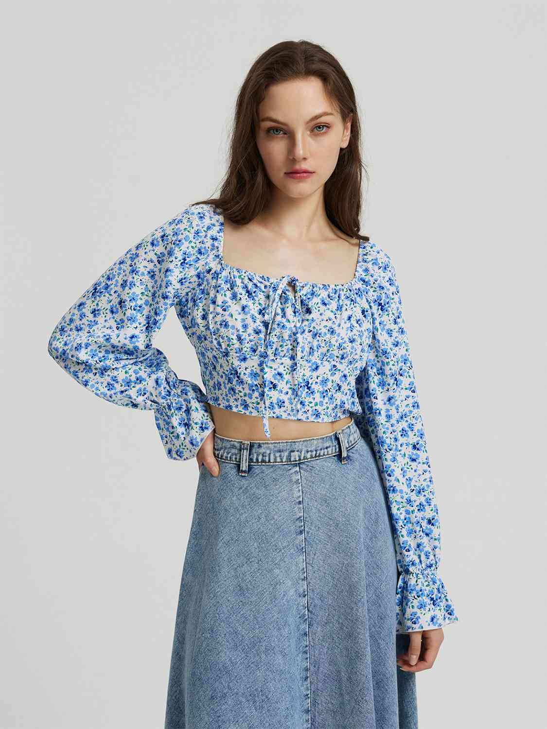 Floral Tie Front Square Neck Flounce Sleeve Blouse BLUE ZONE PLANET