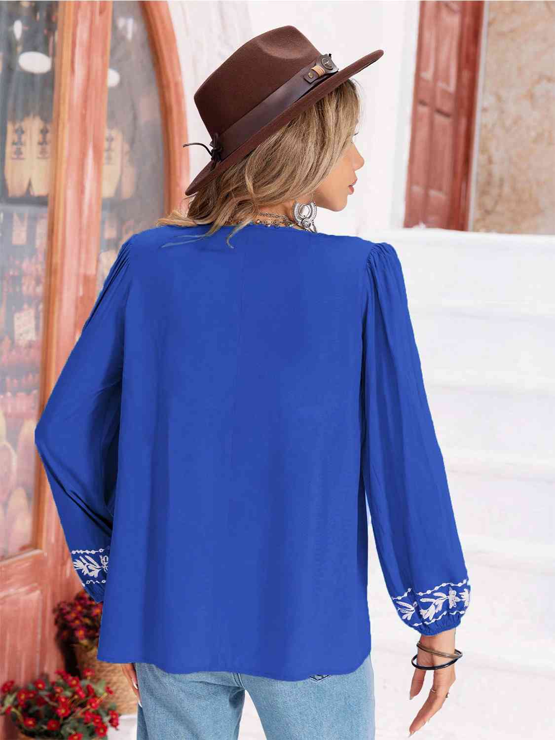 Floral Tie Neck Balloon Sleeve Blouse BLUE ZONE PLANET