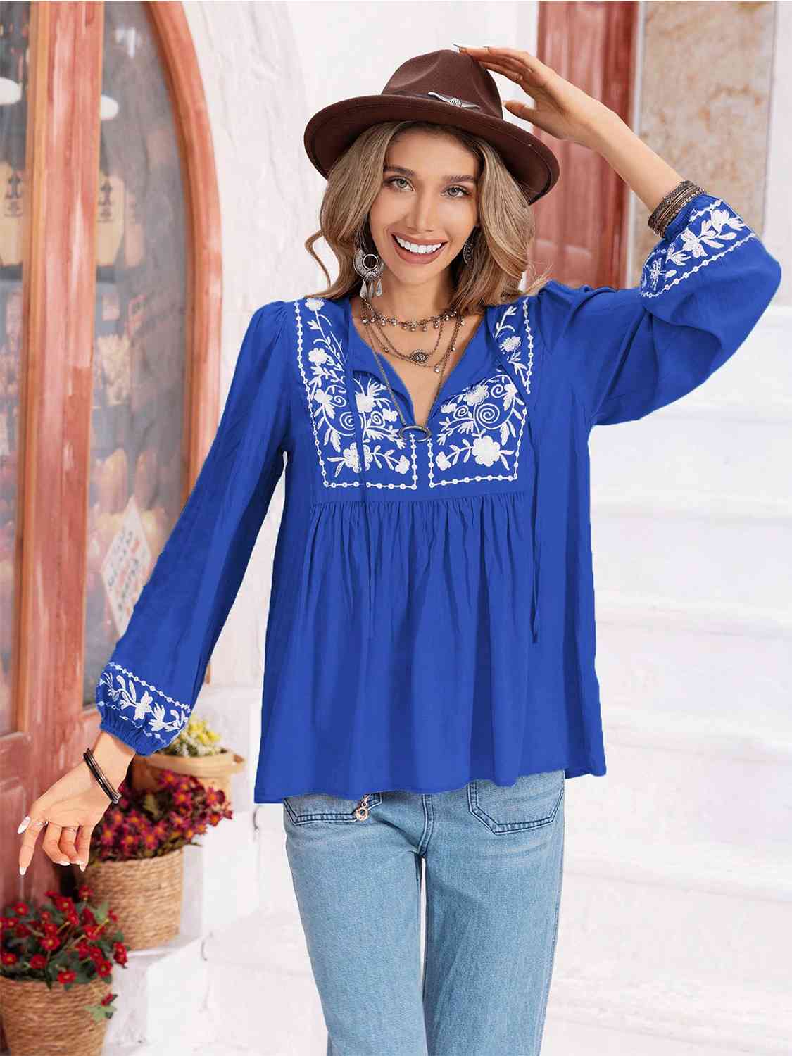 Floral Tie Neck Balloon Sleeve Blouse BLUE ZONE PLANET