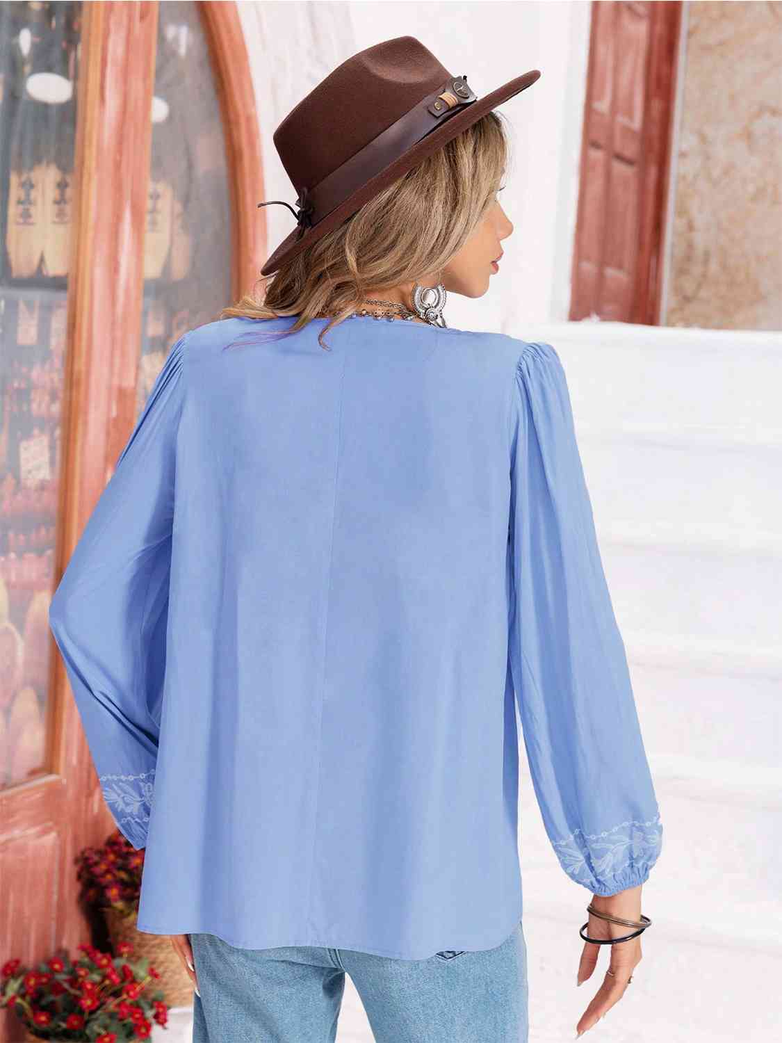 Floral Tie Neck Balloon Sleeve Blouse BLUE ZONE PLANET