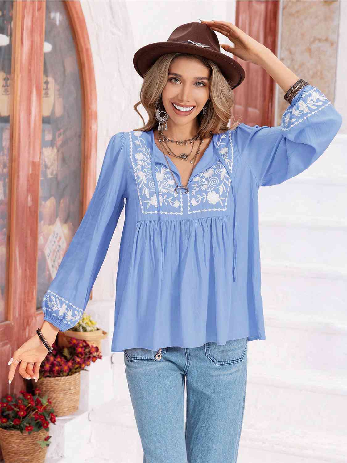 Floral Tie Neck Balloon Sleeve Blouse BLUE ZONE PLANET