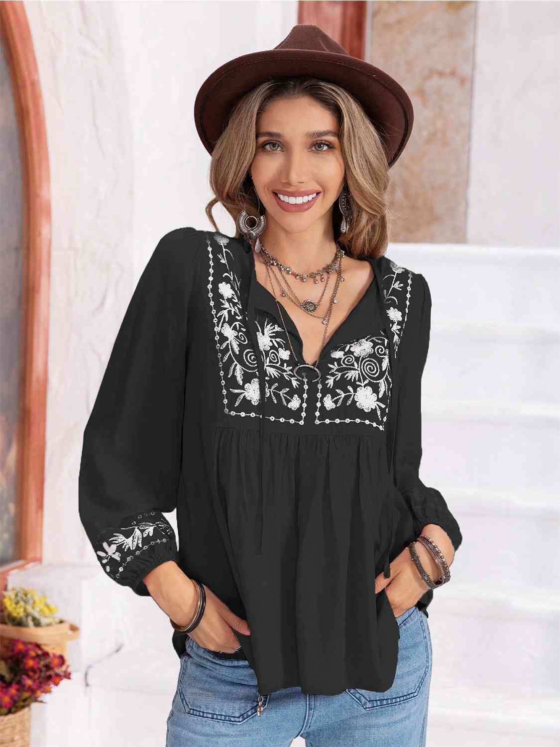 Floral Tie Neck Balloon Sleeve Blouse BLUE ZONE PLANET