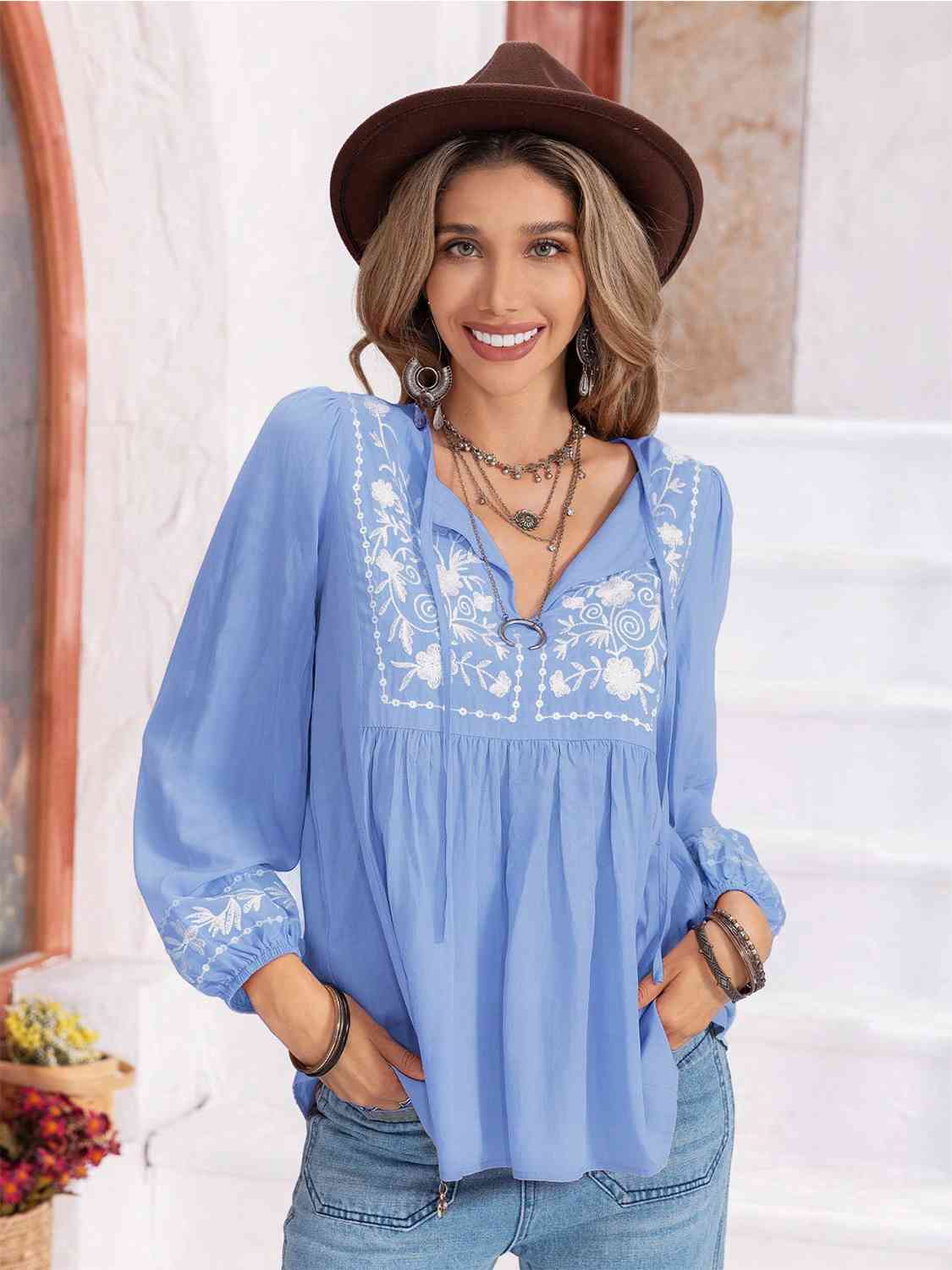 Floral Tie Neck Balloon Sleeve Blouse BLUE ZONE PLANET