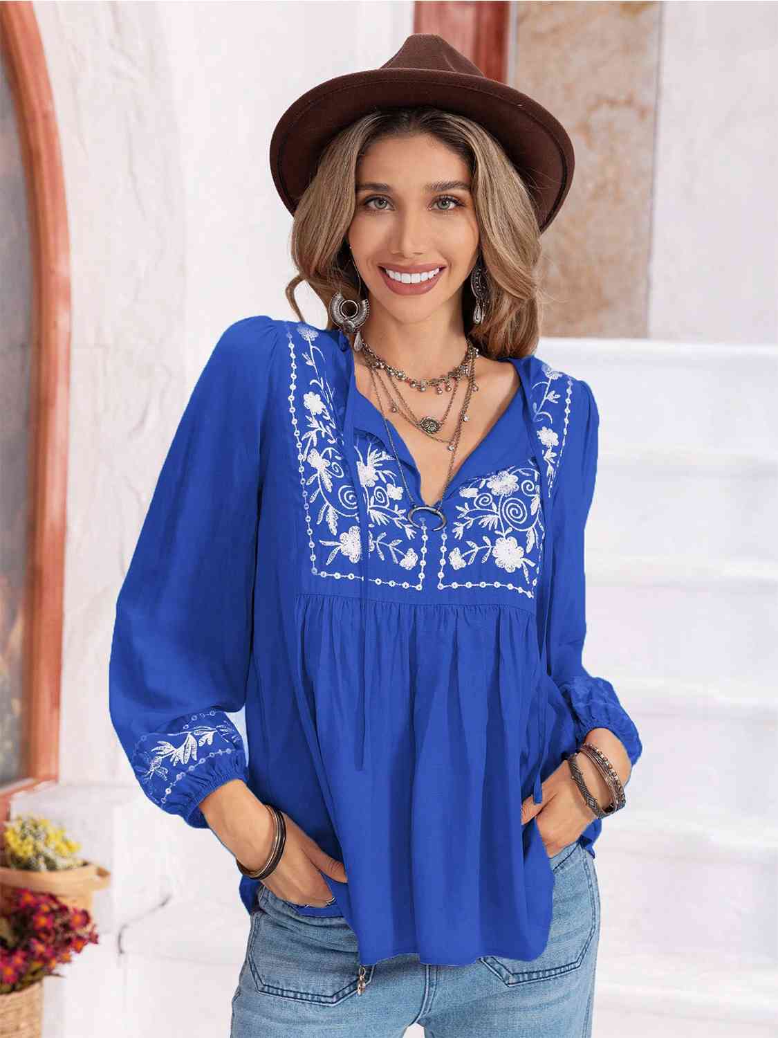 Floral Tie Neck Balloon Sleeve Blouse BLUE ZONE PLANET