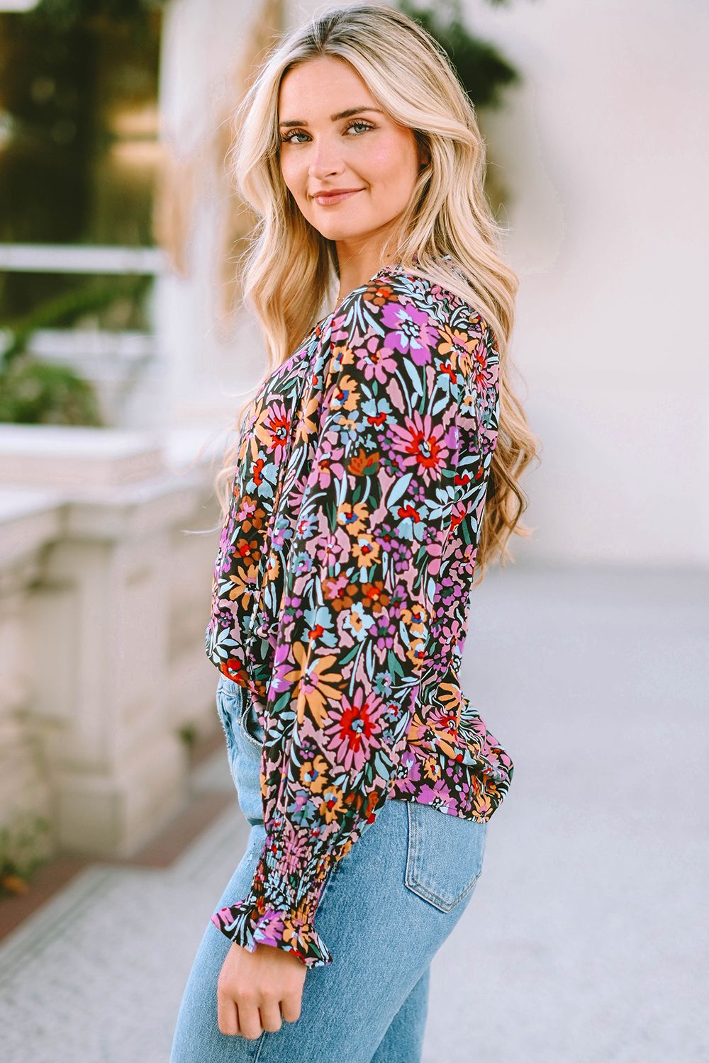 Floral Tie Neck Flounce Sleeve Blouse BLUE ZONE PLANET