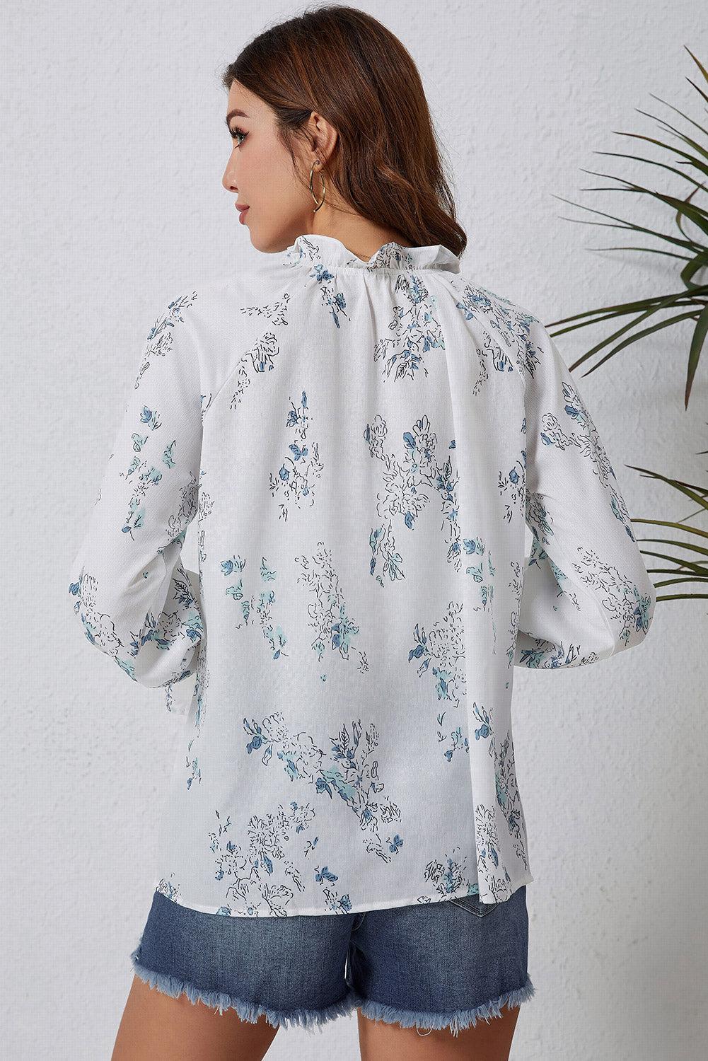 Floral Tie Neck Flounce Sleeve Blouse BLUE ZONE PLANET