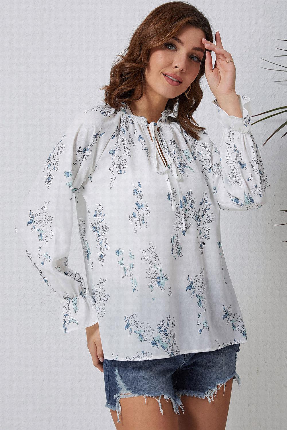 Floral Tie Neck Flounce Sleeve Blouse BLUE ZONE PLANET