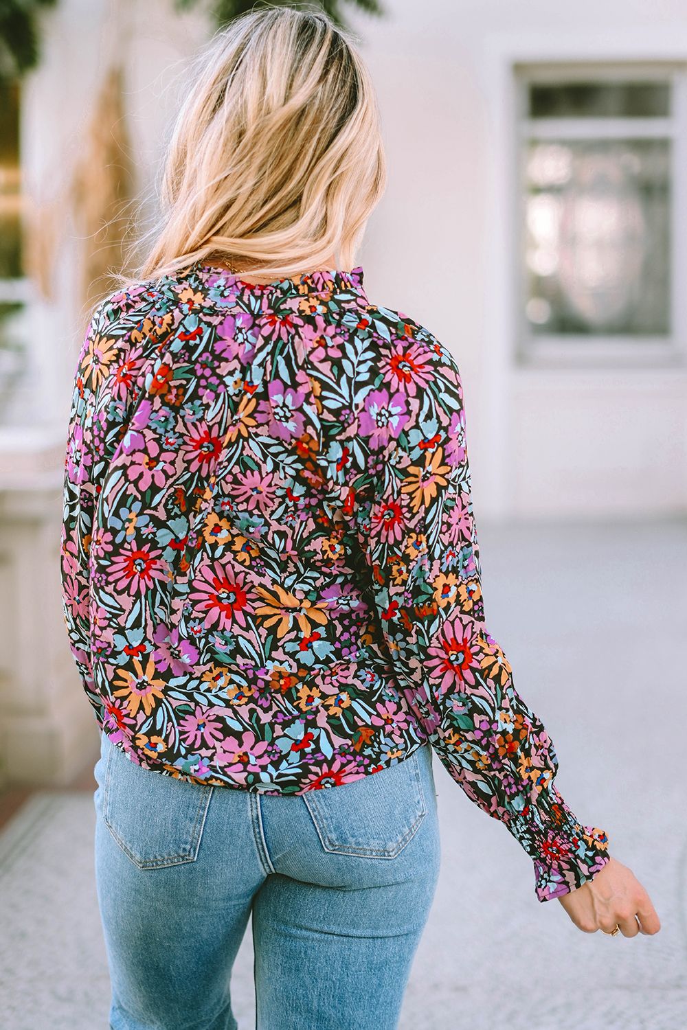 Floral Tie Neck Flounce Sleeve Blouse BLUE ZONE PLANET