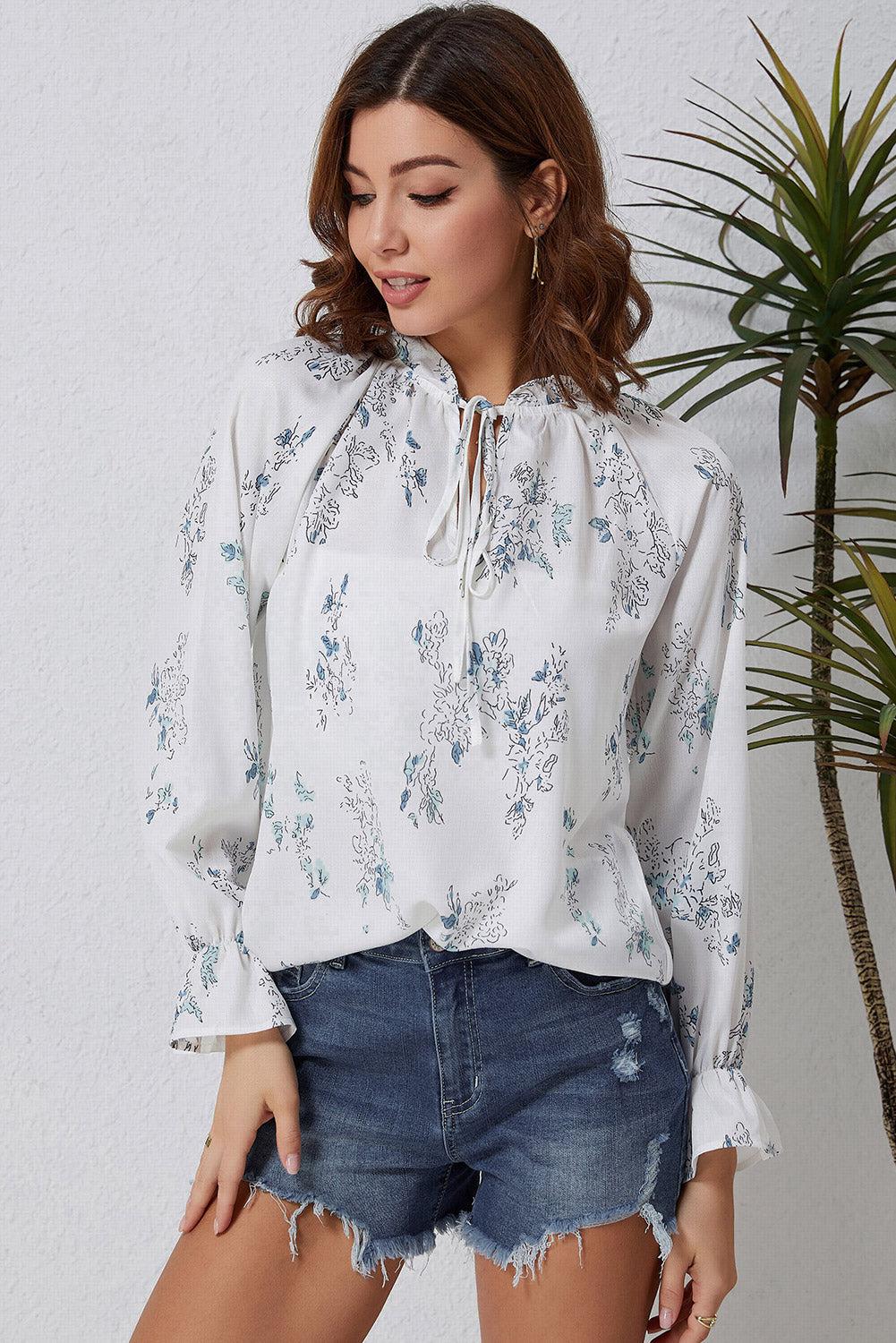 Floral Tie Neck Flounce Sleeve Blouse BLUE ZONE PLANET