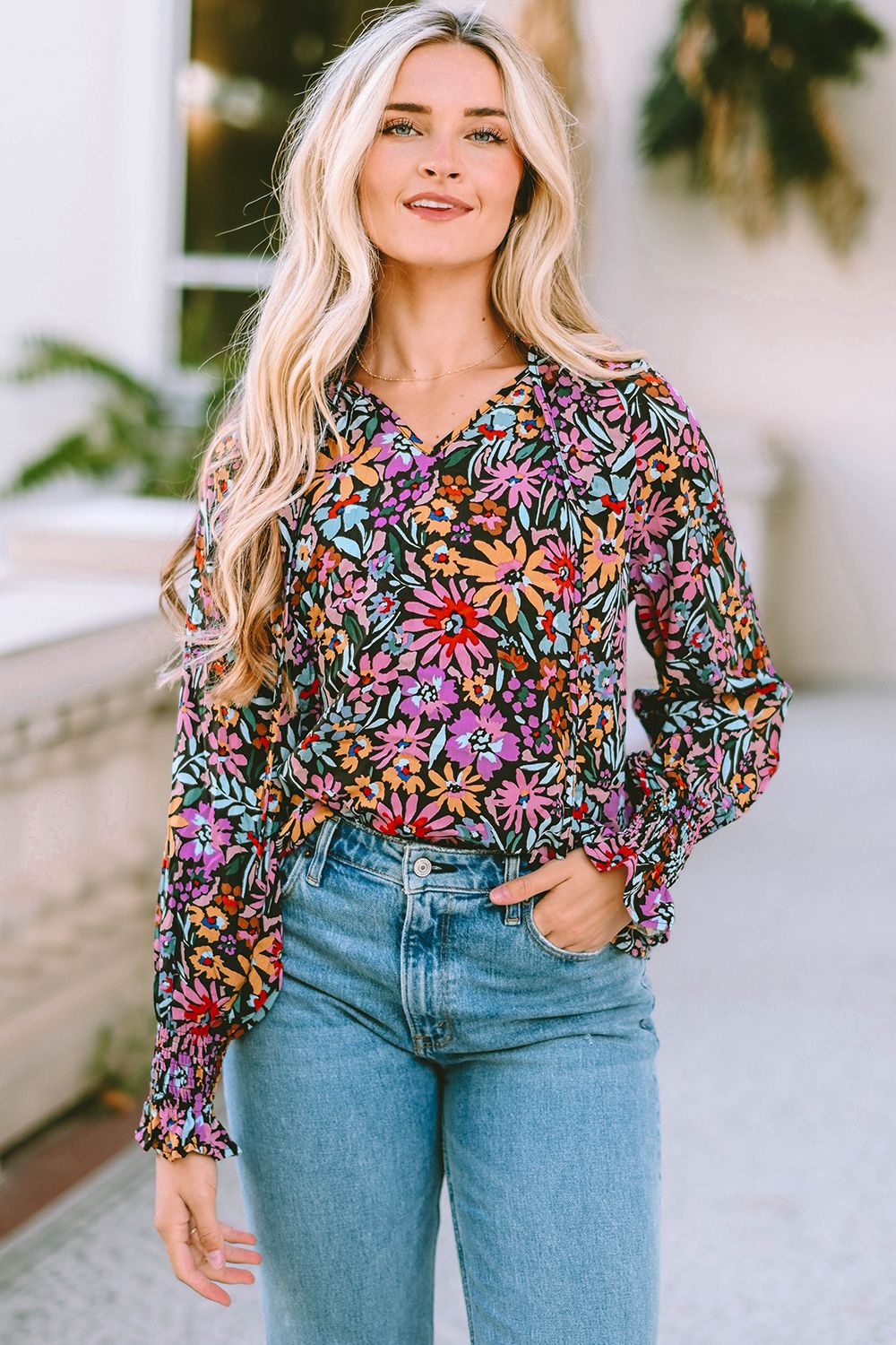 Floral Tie Neck Flounce Sleeve Blouse BLUE ZONE PLANET