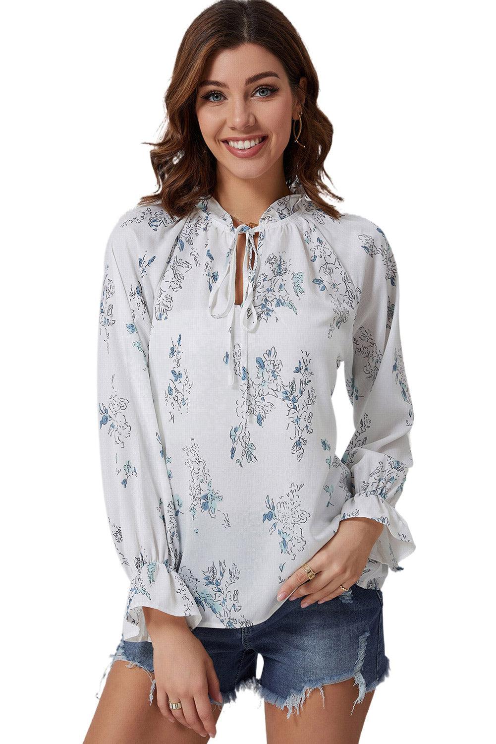 Floral Tie Neck Flounce Sleeve Blouse BLUE ZONE PLANET