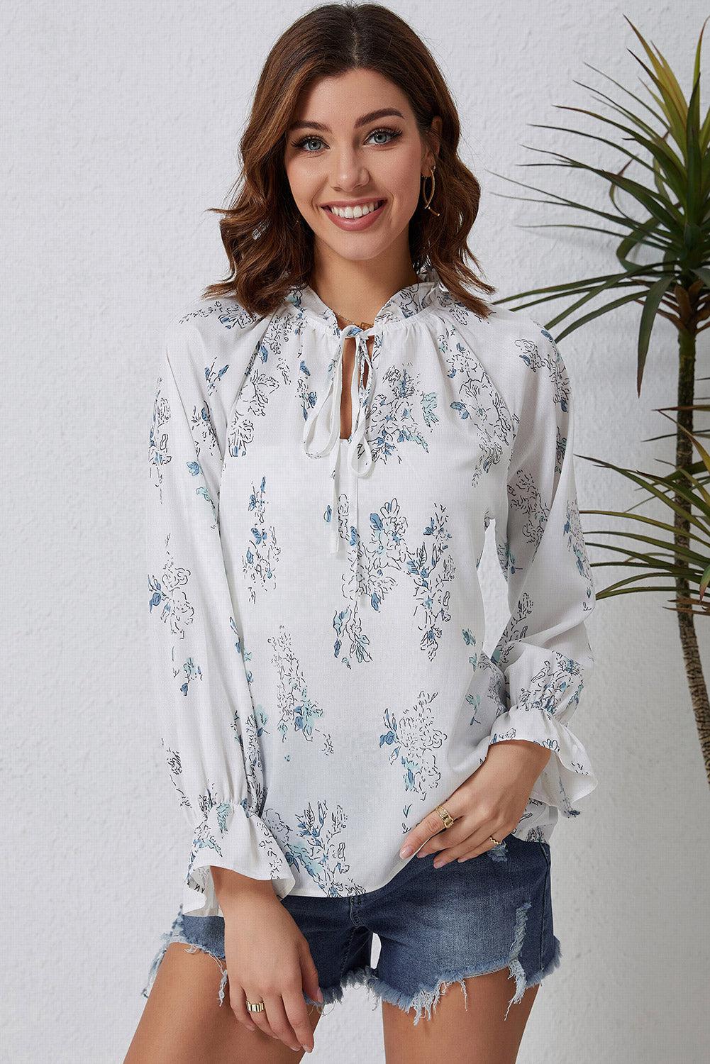 Floral Tie Neck Flounce Sleeve Blouse BLUE ZONE PLANET