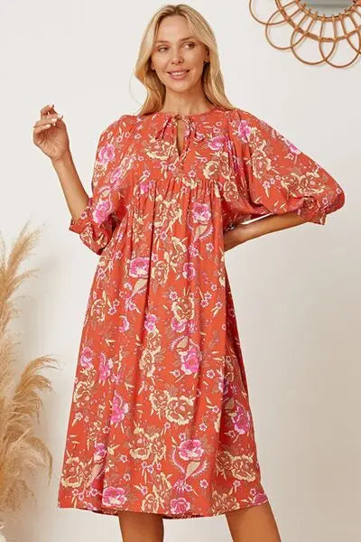 Floral Tie Neck Half Sleeve Dress Trendsi