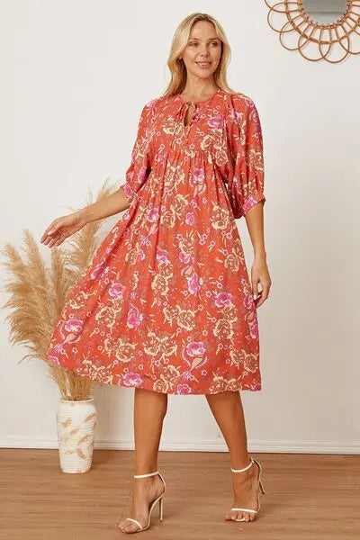 Floral Tie Neck Half Sleeve Dress Trendsi