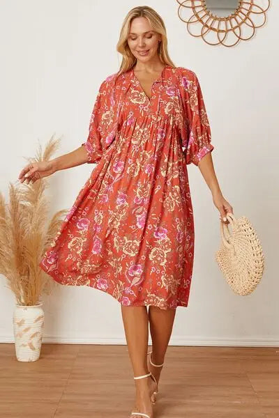 Floral Tie Neck Half Sleeve Dress Trendsi