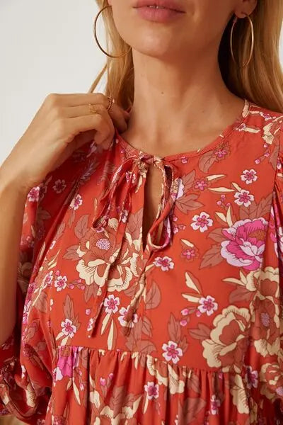 Floral Tie Neck Half Sleeve Dress Trendsi