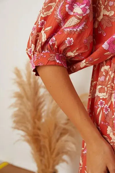 Floral Tie Neck Half Sleeve Dress Trendsi