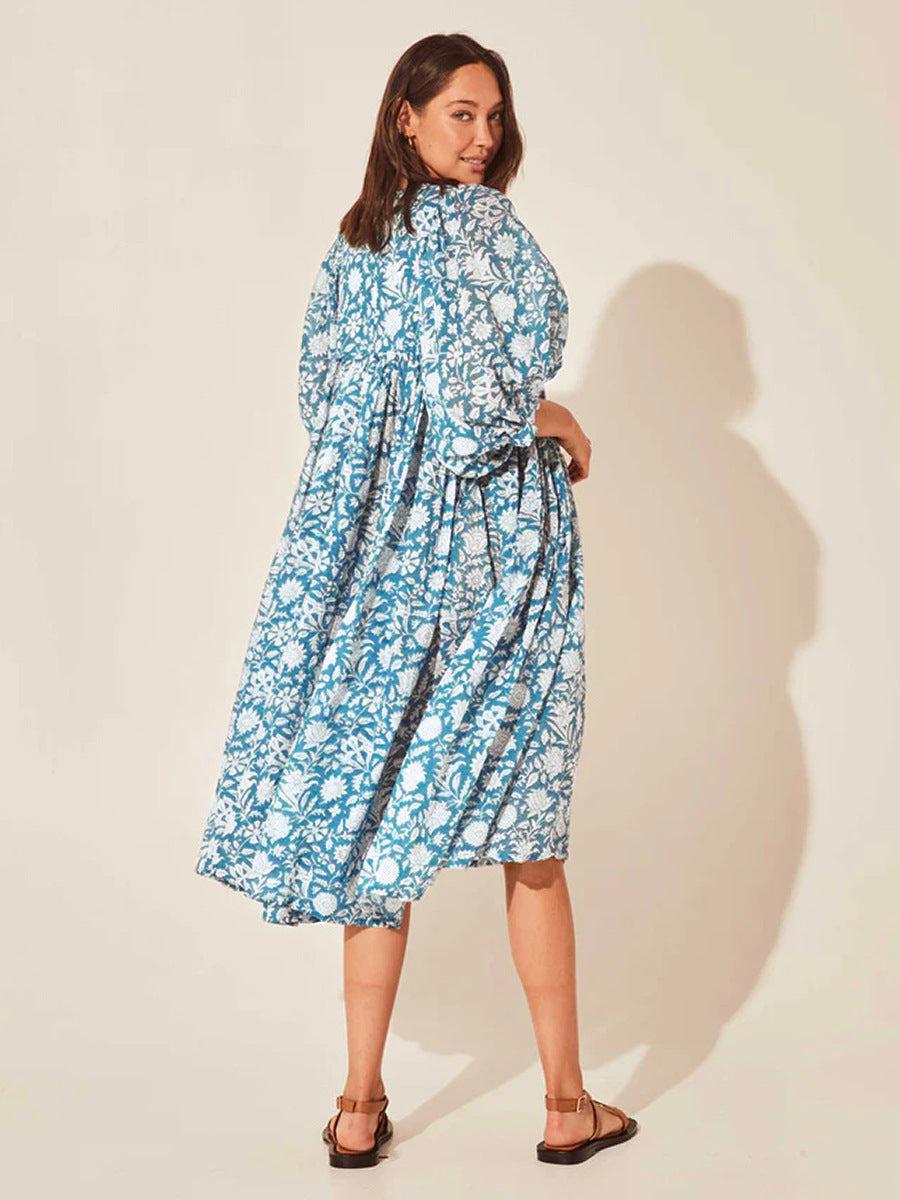 Floral Tie Neck Lantern Sleeve Dress BLUE ZONE PLANET