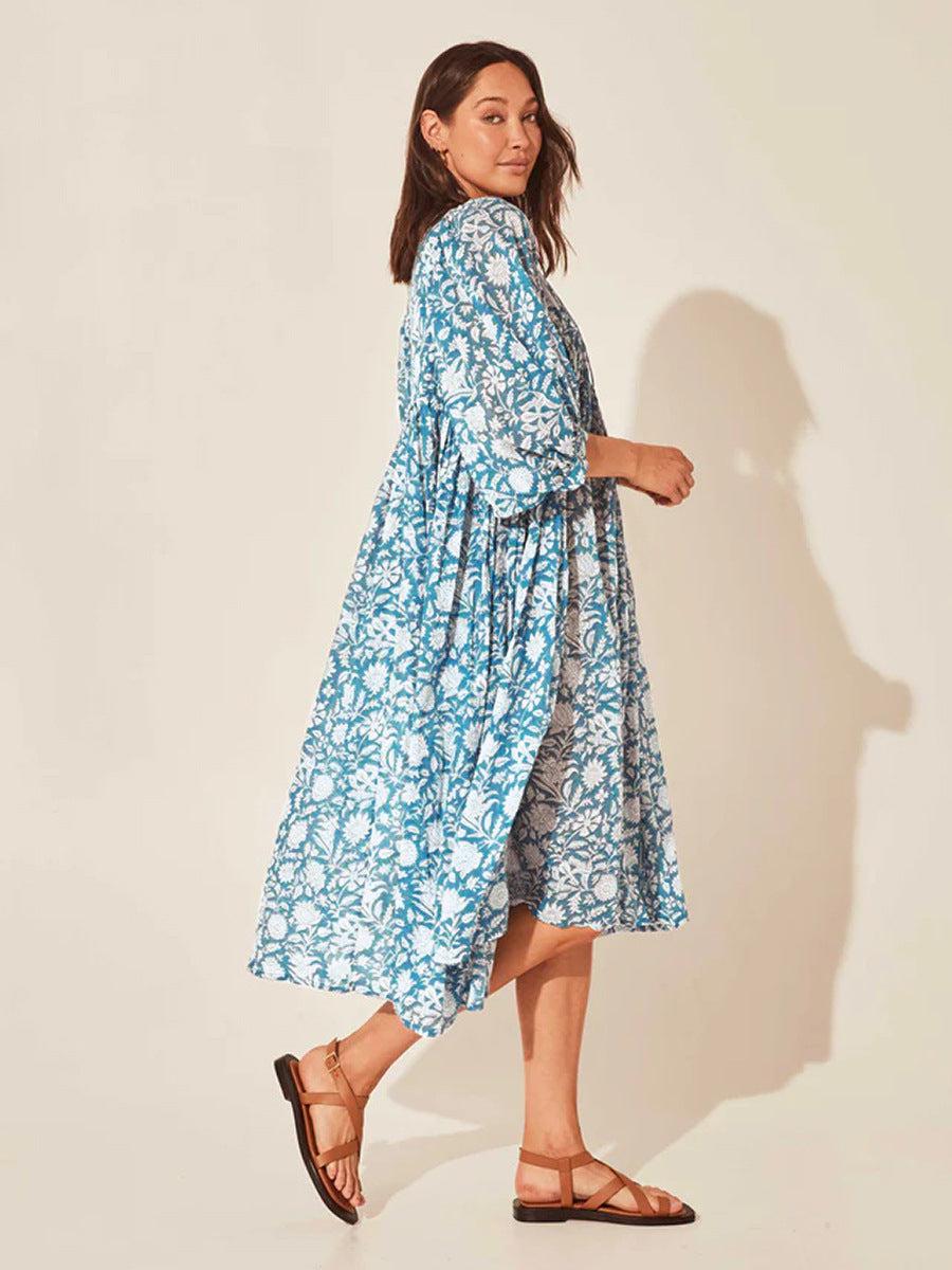 Floral Tie Neck Lantern Sleeve Dress BLUE ZONE PLANET