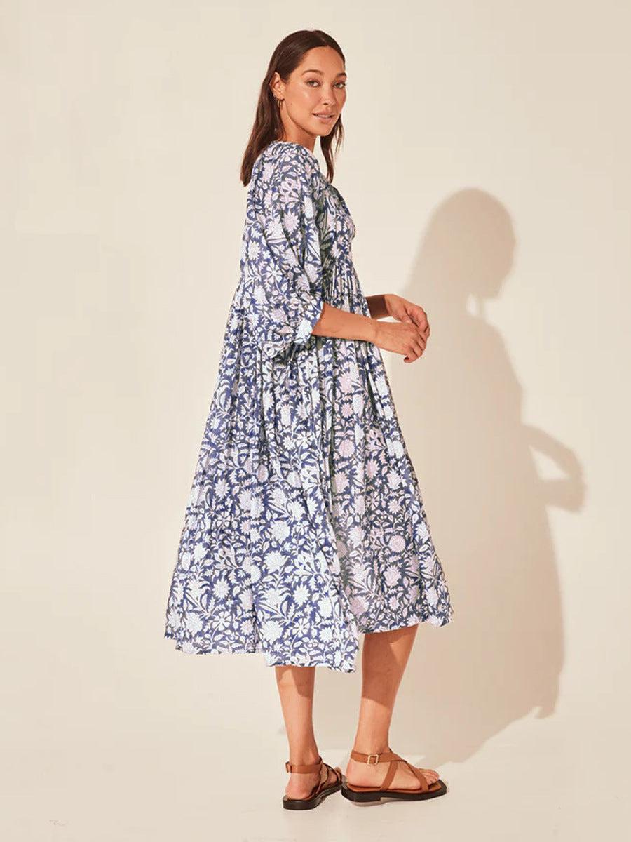 Floral Tie Neck Lantern Sleeve Dress BLUE ZONE PLANET