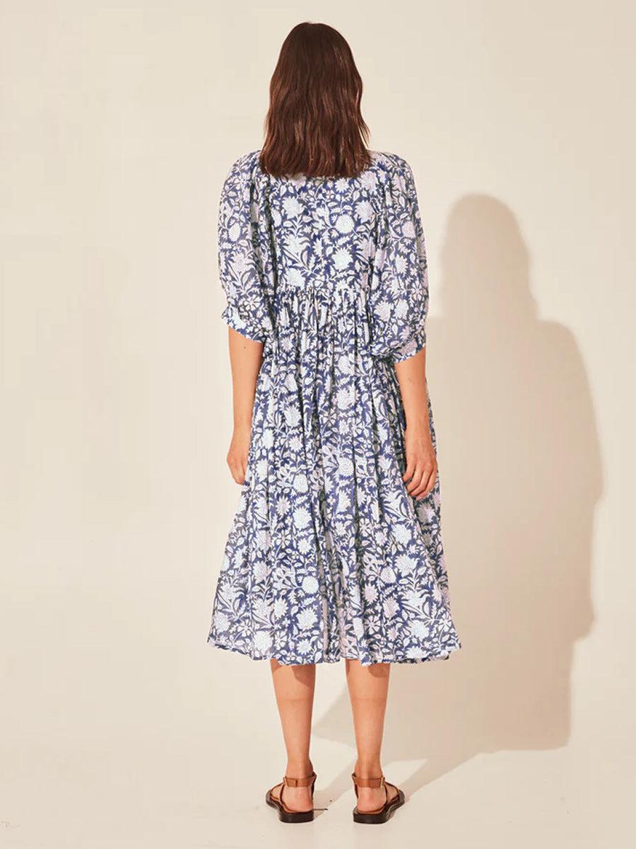 Floral Tie Neck Lantern Sleeve Dress BLUE ZONE PLANET