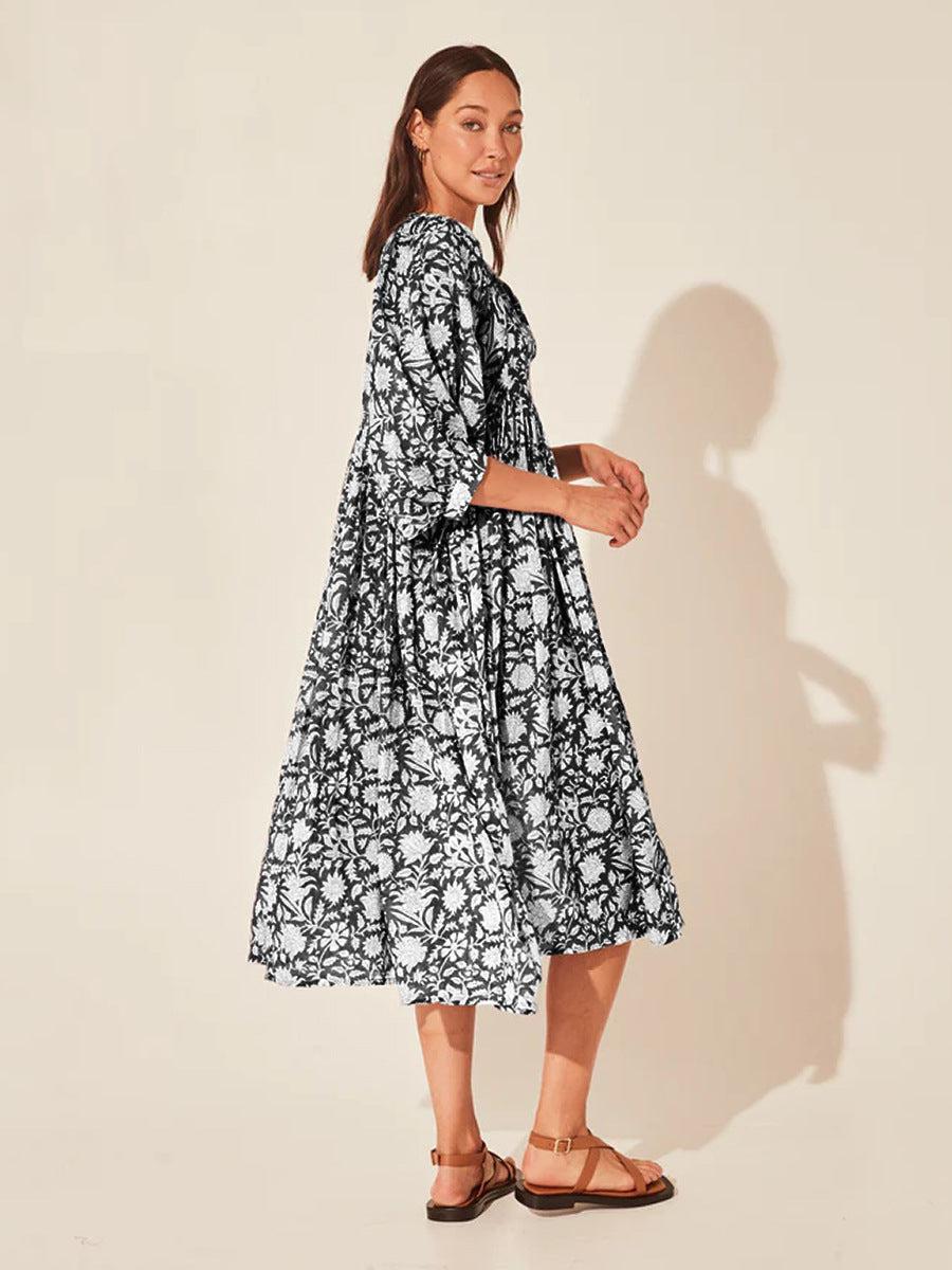 Floral Tie Neck Lantern Sleeve Dress BLUE ZONE PLANET