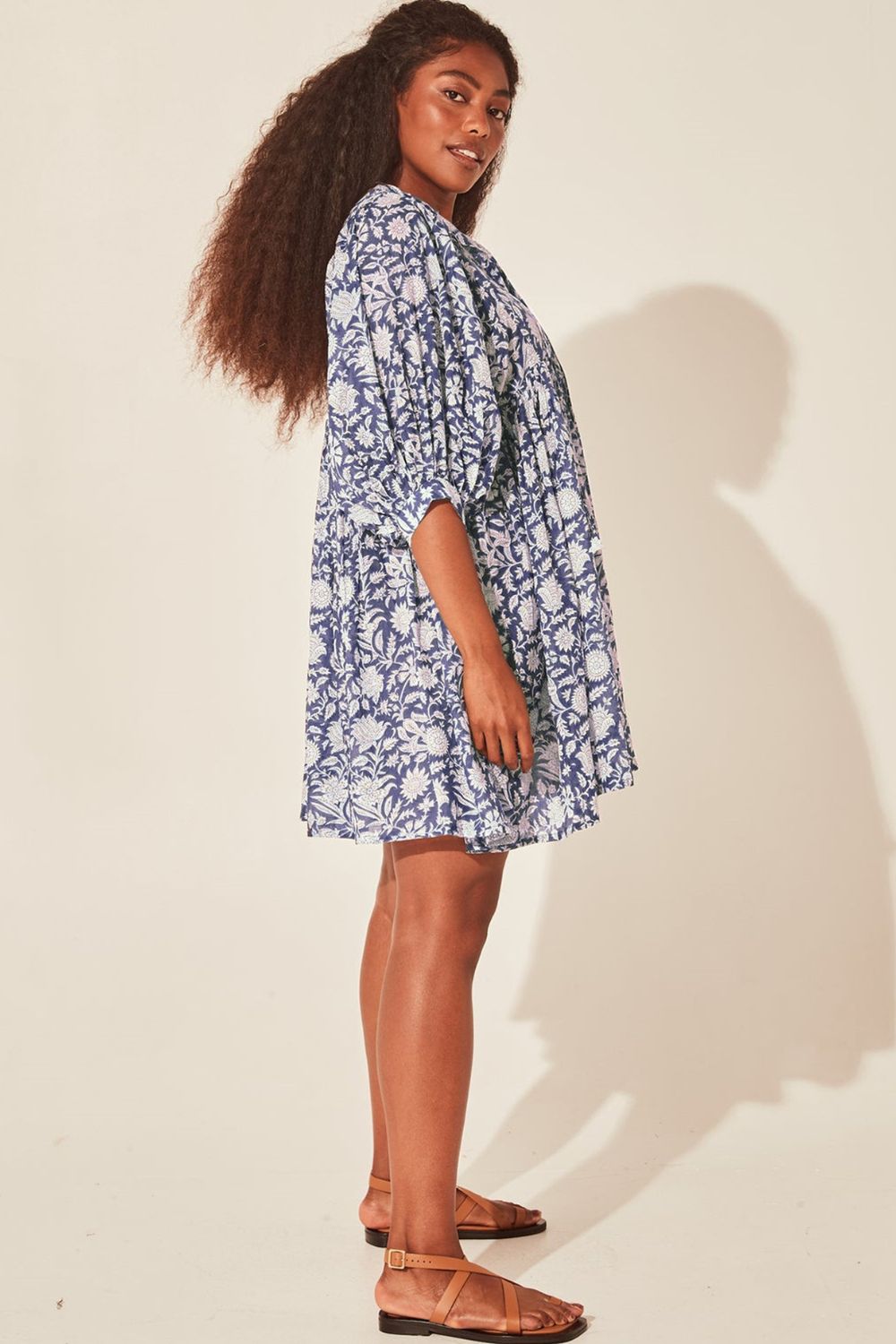 Floral Tie Neck Lantern Sleeve Dress BLUE ZONE PLANET