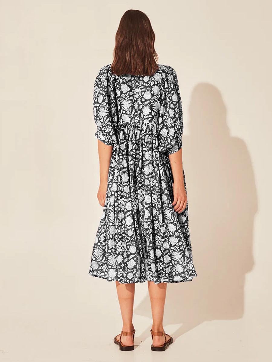 Floral Tie Neck Lantern Sleeve Dress BLUE ZONE PLANET