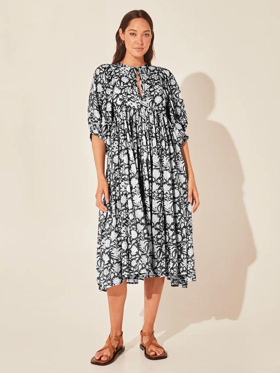 Floral Tie Neck Lantern Sleeve Dress BLUE ZONE PLANET