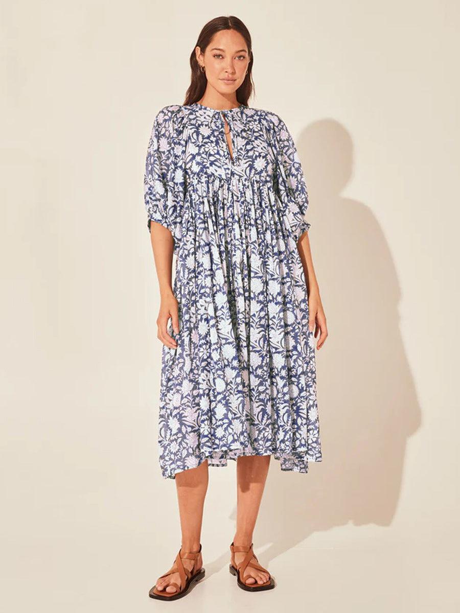 Floral Tie Neck Lantern Sleeve Dress BLUE ZONE PLANET